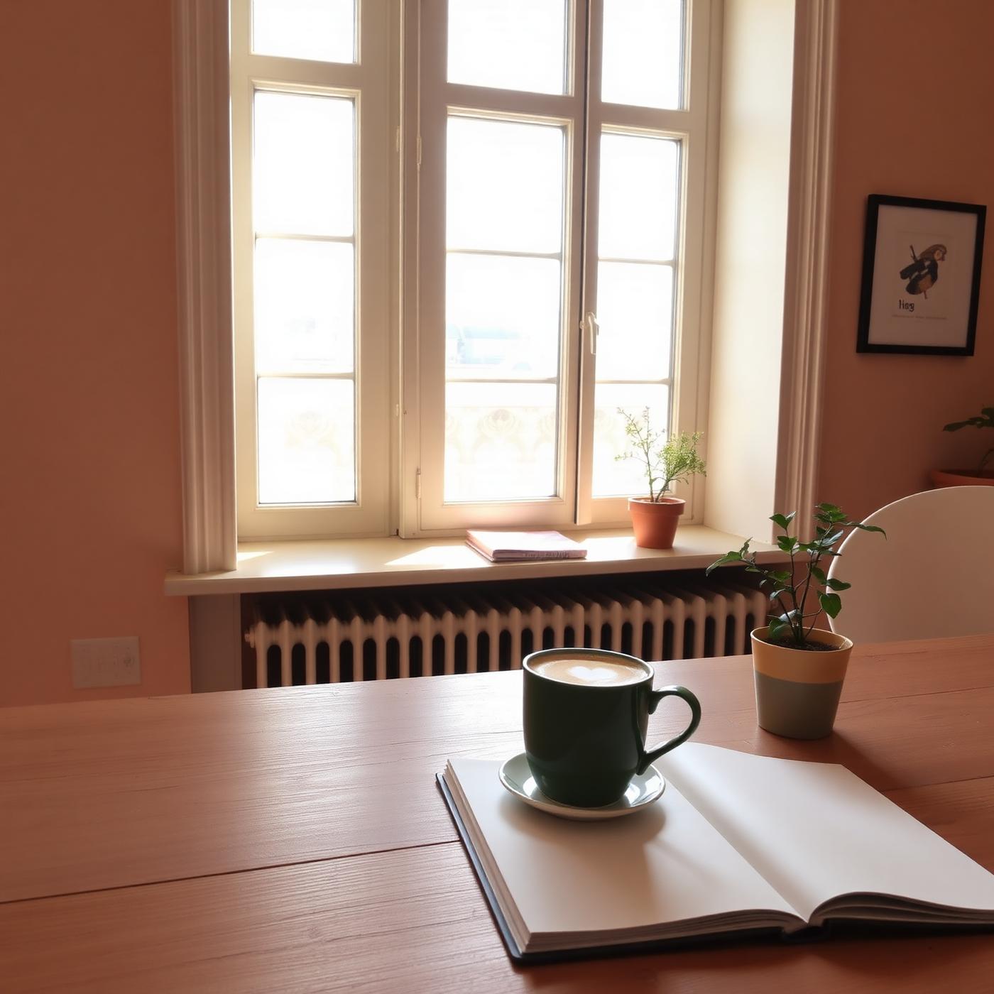 Bureau lumineux, tasse de café et carnet ouvert - l'univers Source